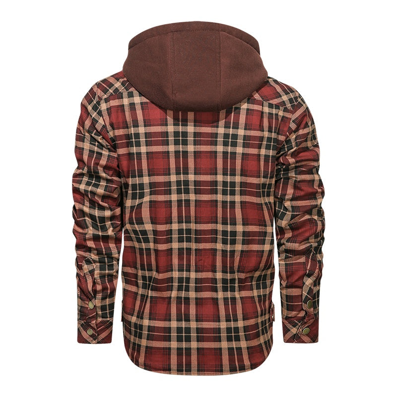 Men Long-sleeved Plaid Jacket Regular Fit Fleece Detachable Hoodies Jackets