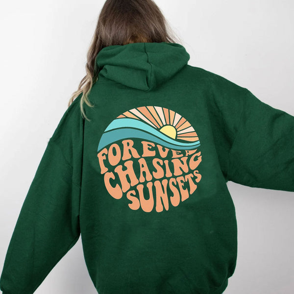 Fleece-lined Sunset Print Kangaroo Pocket Drawstring Hoodie