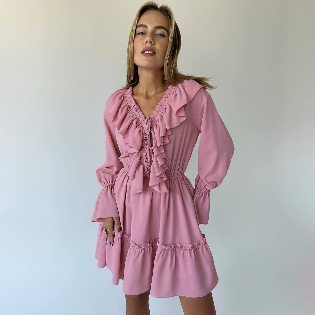 Fashion V Neck Pleated Ruffle Long Sleeve Dress Y2K V Neck Flared Sleeve Short Dress Women's Clothing