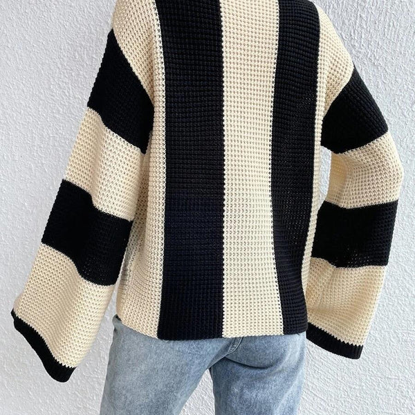 Women's Round Neck Striped Design Niche Knitted Sweater Top