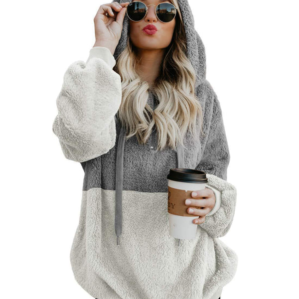 Women Casual Plush Hoodies Zipper Patchwork Hooded Drawstring Sweatshirt Autumn Winter Lady Hooded Warm Loose Tops