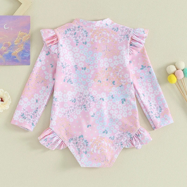 Baby 9M-5Y Toddler Infant Kid Girl Swimsuit Ruffle Floral Print Long Sleeves Zipper Swimwear Beachwear Bathing Suit