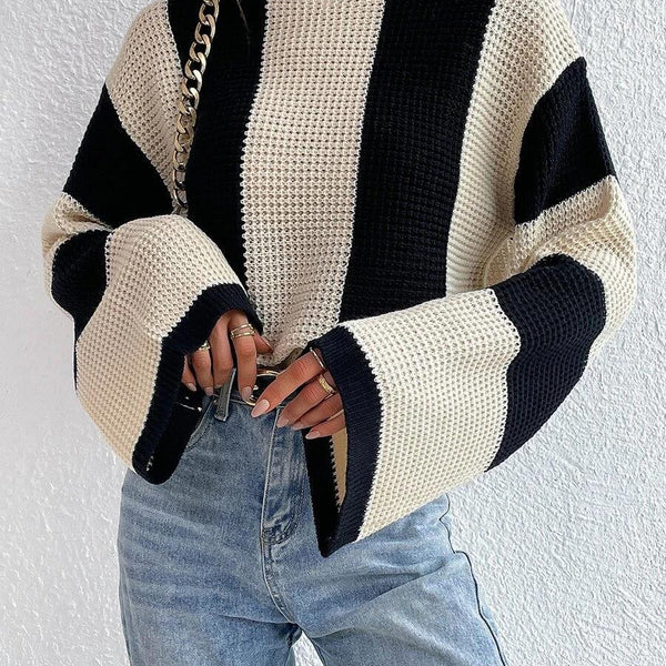 Women's Round Neck Striped Design Niche Knitted Sweater Top