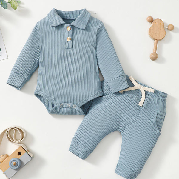 Baby Boy Cotton Hollow Striped Polo Shirt Trousers Suit