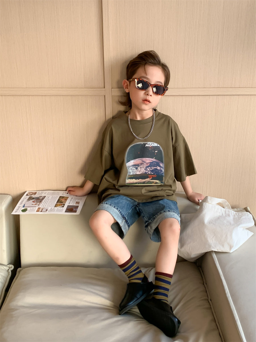 Boys' T-shirt Summer New Children's Fried Street Fashionable Short Sleeve Baby Boy Thin Summer Clothing Breathable Printed Half Sleeve