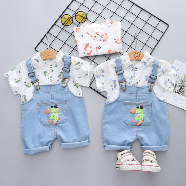 Summer Baby Cartoon Dinosaur Short Sleeve Denim Suspender Pants