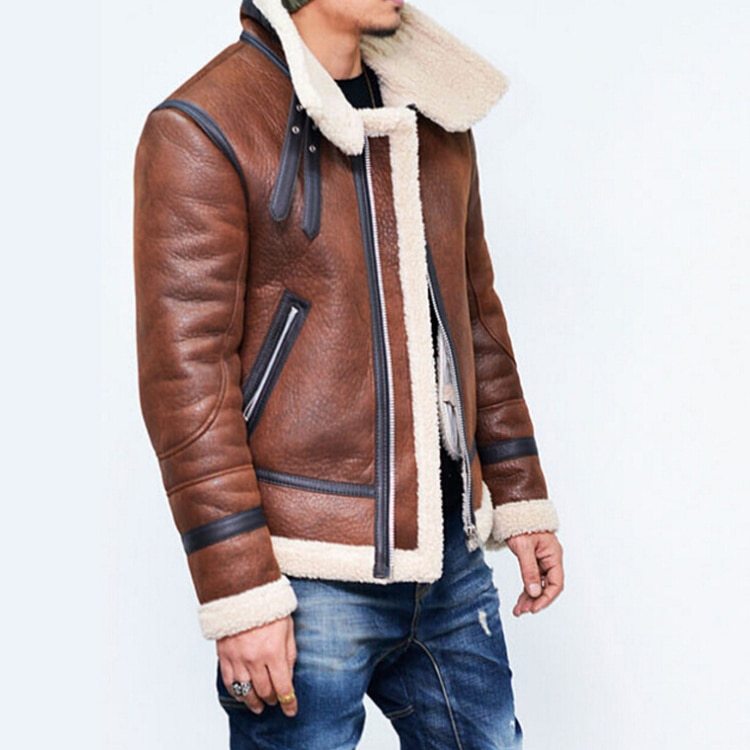 Men's Jacket Winter Highneck Warm Fur Liner Lapel Leather Zipper