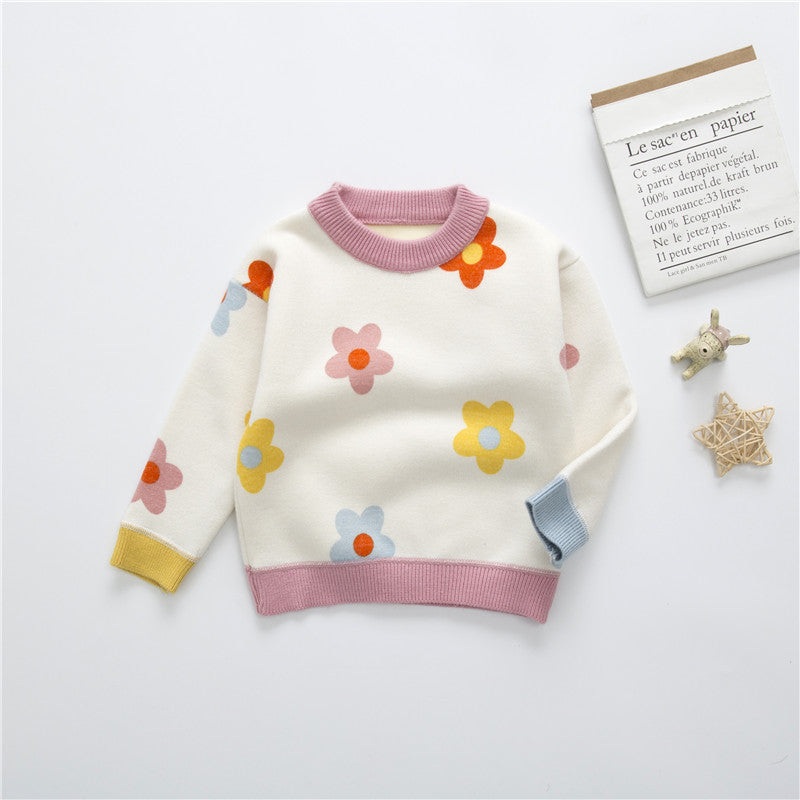 Autumn And Winter Children's Velvet Padded Sweater Girls' Baby Flower Thickened Pullover Knitting Bottoming Shirt