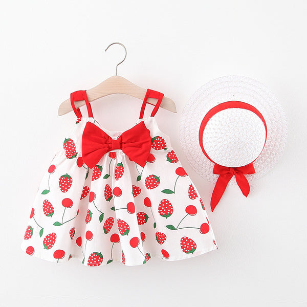 Baby Girl Big Strawberry Floral Print Dress Hat