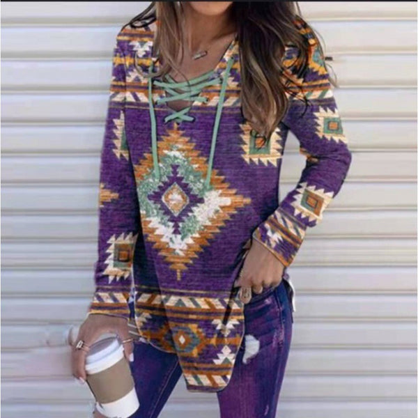 Fall V-neck Lace Ethnic Style Pullover Long Sleeve Women's Clothing