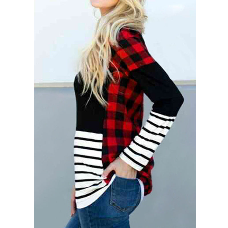 New Fall Women's Clothing Striped Patchwork Top Plaid Long Sleeve