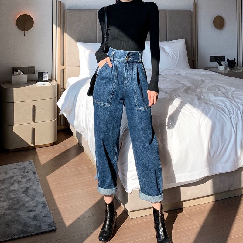 High Waist Denim Straight Wide Leg Pants Women Retro