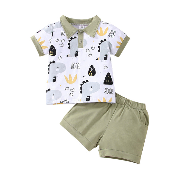 Boy's Little Dinosaur Lapel Cotton Short Sleeve Top Short Pants Suit