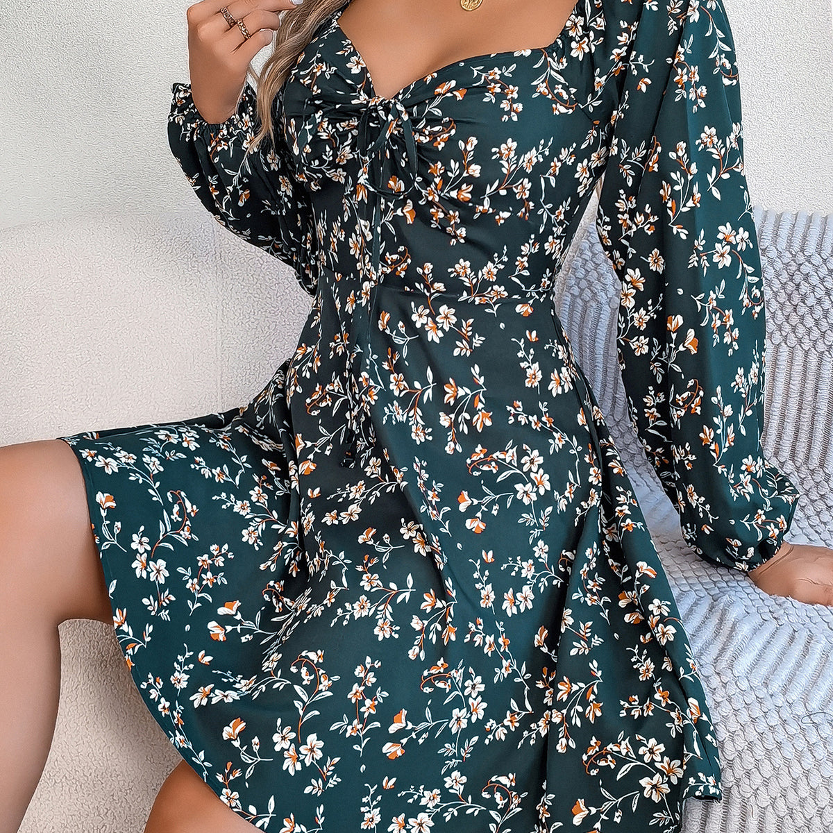 Fashion Floral Print Lantern Sleeve Dress Casual Sexy Tie Square Neck Long Sleeve A-Line Dress Women's Clothing