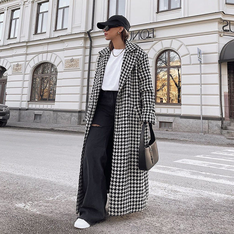 Houndstooth Long Trench Coat High-end And Fashionable Coat For Women