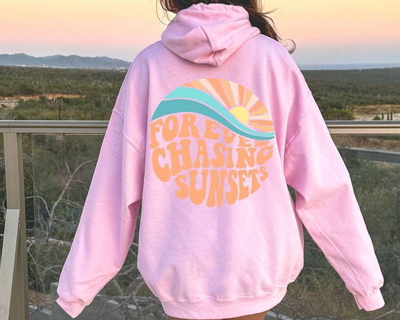 Fleece-lined Sunset Print Kangaroo Pocket Drawstring Hoodie