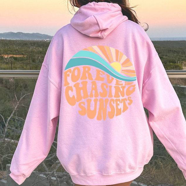 Fleece-lined Sunset Print Kangaroo Pocket Drawstring Hoodie