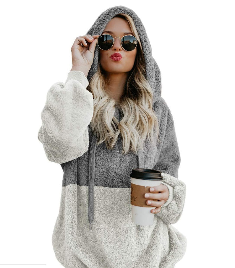 Women Casual Plush Hoodies Zipper Patchwork Hooded Drawstring Sweatshirt Autumn Winter Lady Hooded Warm Loose Tops