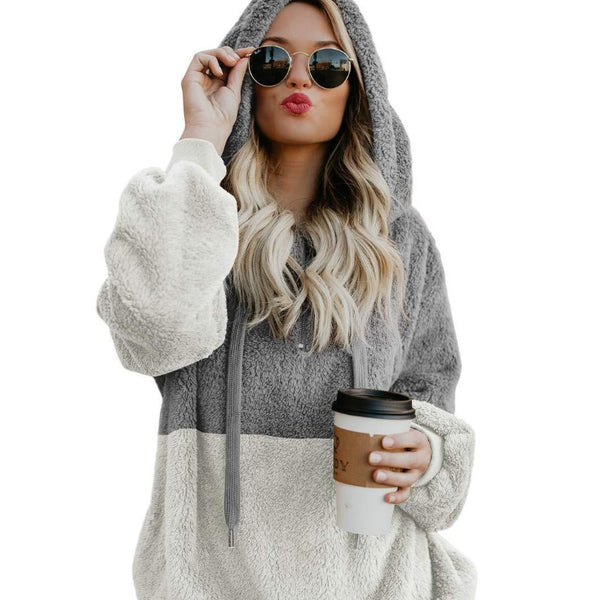 Women Casual Plush Hoodies Zipper Patchwork Hooded Drawstring Sweatshirt Autumn Winter Lady Hooded Warm Loose Tops