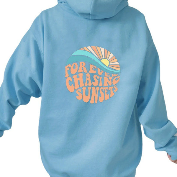 Fleece-lined Sunset Print Kangaroo Pocket Drawstring Hoodie