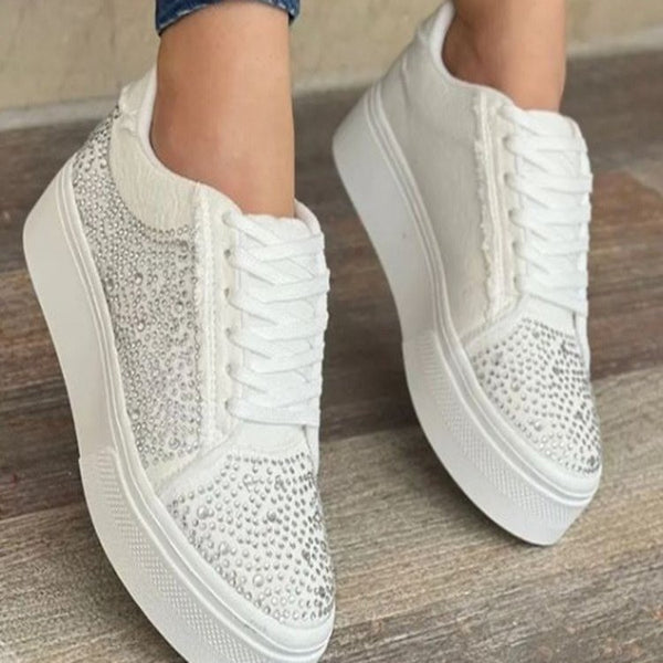 Plus Size Women's Shoes Thick Bottom Lace-up Rhinestone Casual Sports Single-layer Shoes