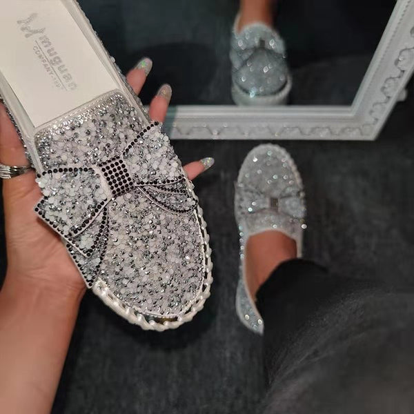 Single shoe with a thick sole lazy rhinestone bow