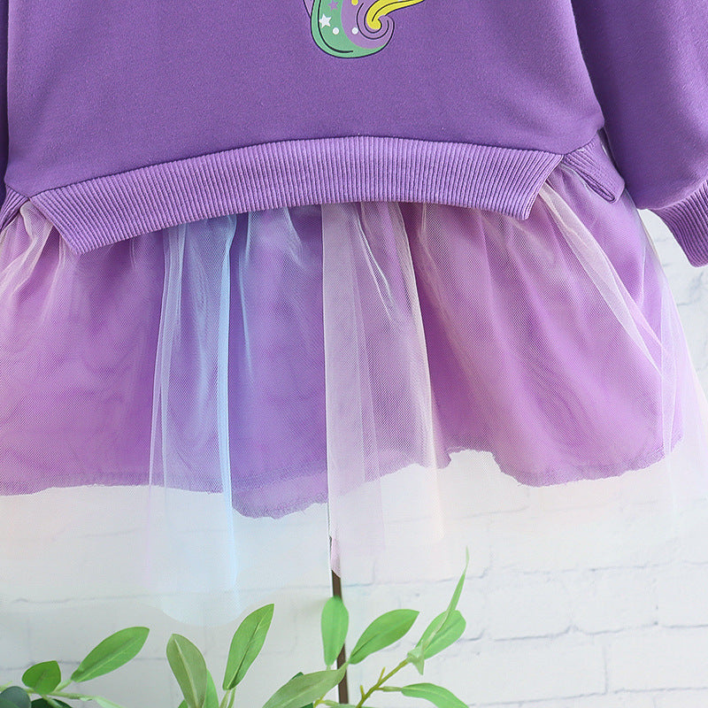 Girls' Skirt Children's Pullover Long Sleeve Cartoon Mesh Princess Dress Baby Girl Fashionable Dress