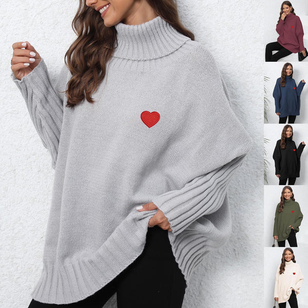 Women's Clothing Knitted Solid Color Turtleneck Lapel Loose Woven Love Stickers Sweater