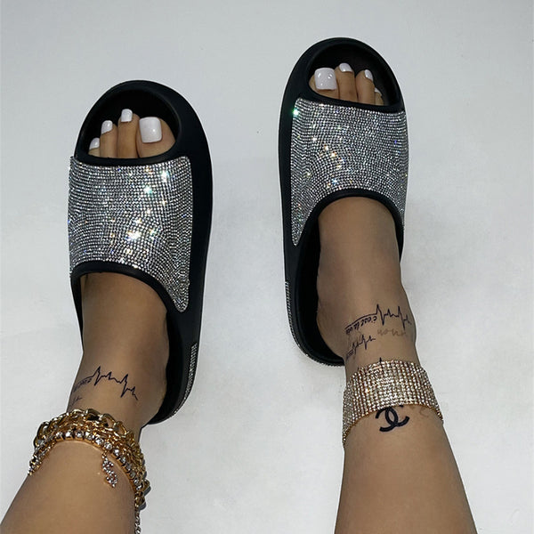 Rhinestone Slippers Women PeepToe Thick Sole Shoes Fashion Slides Summer