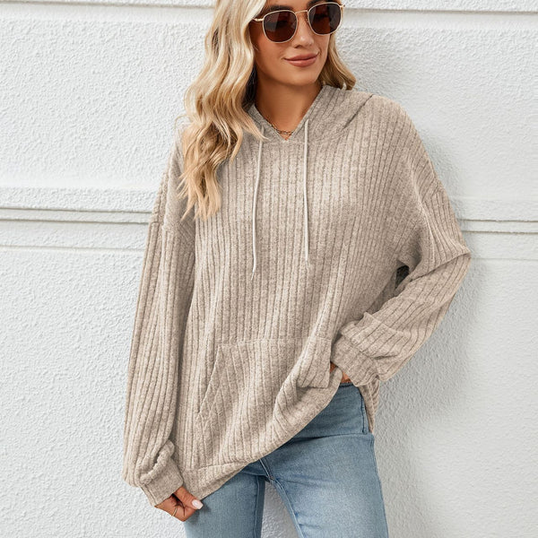 Knitted Sweater With Hooded Pit Stripe Kangaroo Pocket Sweater