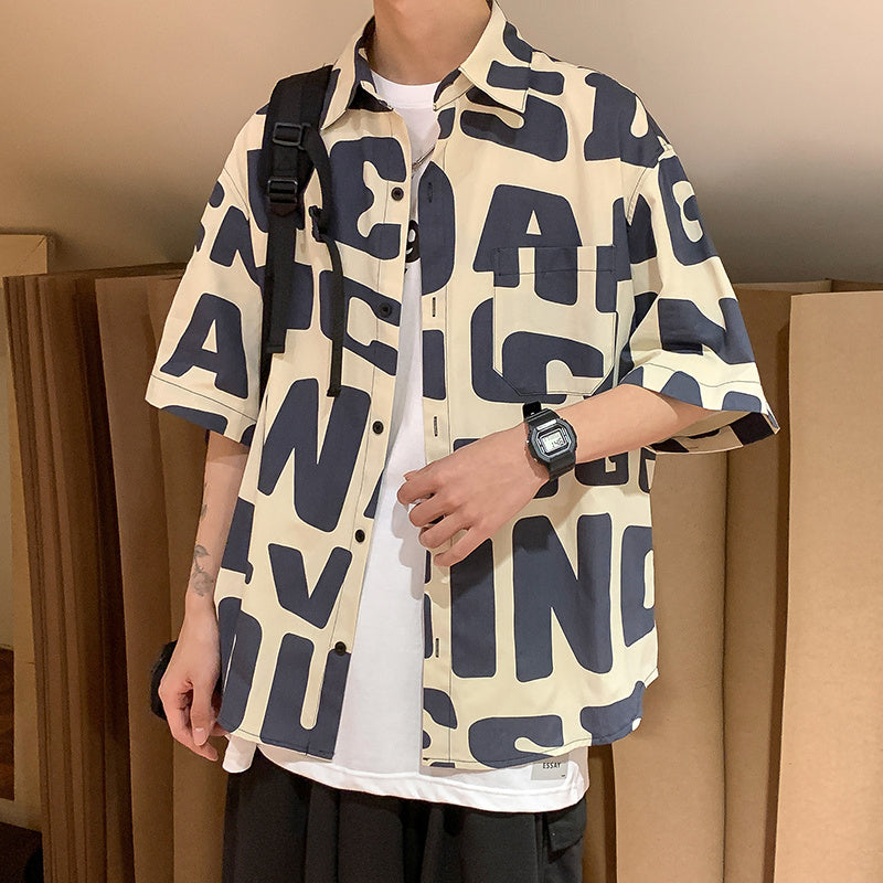 American hip hop short sleeve shirt men''s thin loose shirt in summer