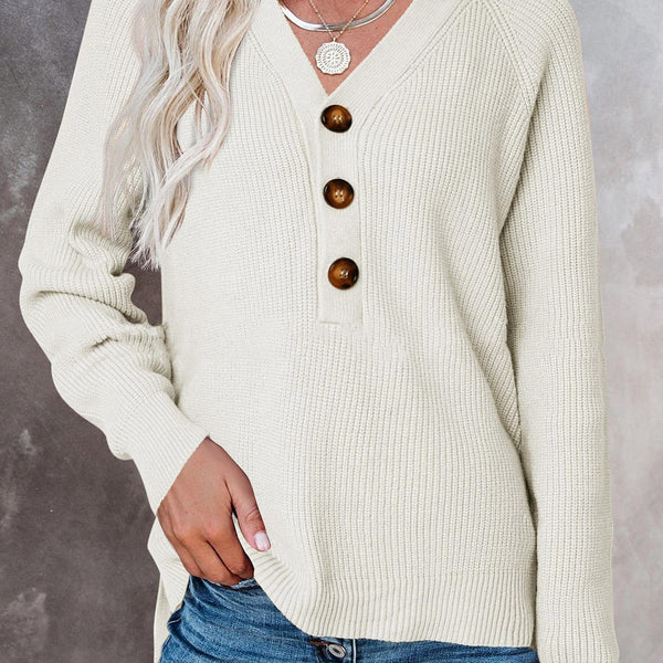 New Button New Knitted V-neck Sweater Women