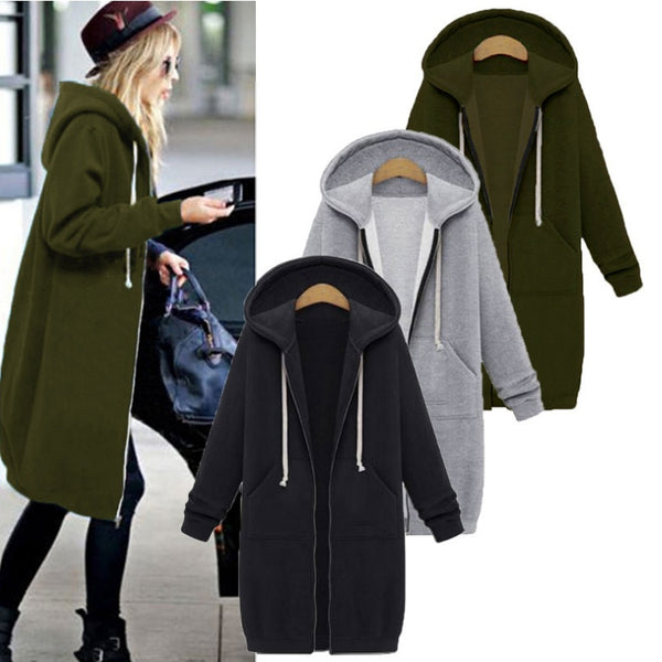 Hooded long-sleeved winter sweater women's jacket in a long thick shirt