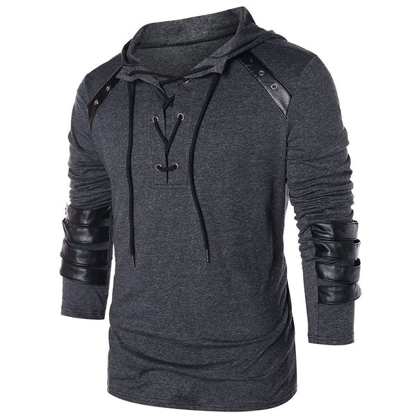 Men's T-shirt With Leather Tethered Hooded Pullover Long-sleeved Sports T-shirt