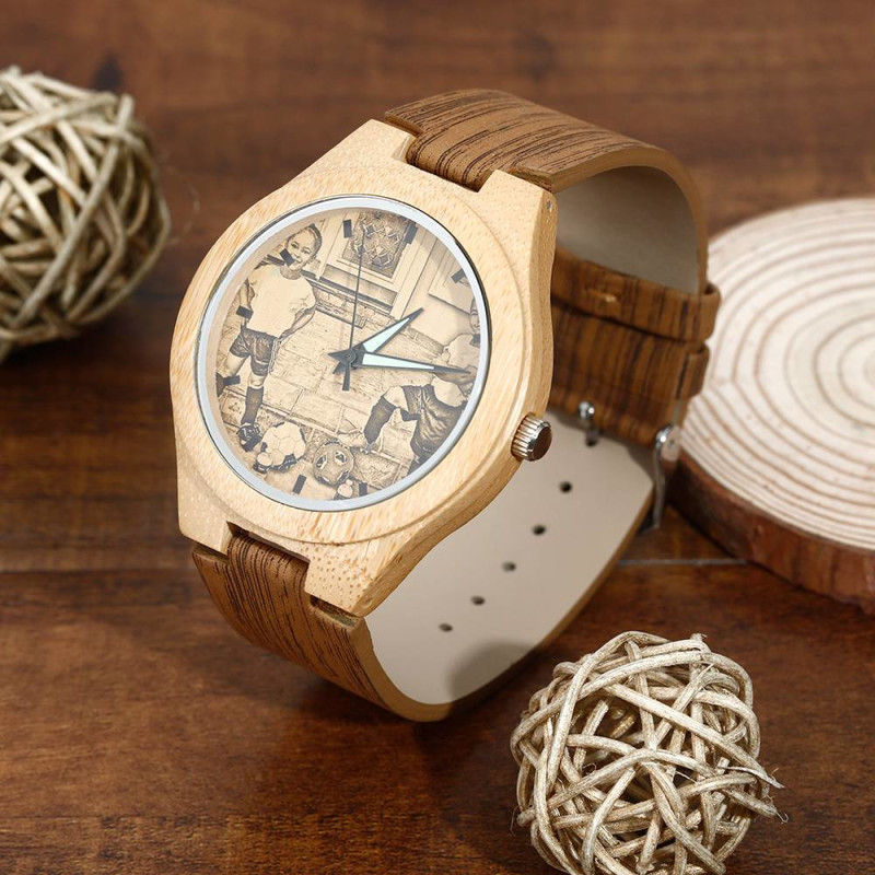 Women's  Bamboo Photo Engraved Watch Wooden Leather Strap 40mm