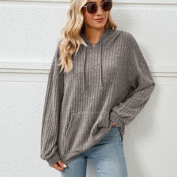 Knitted Sweater With Hooded Pit Stripe Kangaroo Pocket Sweater