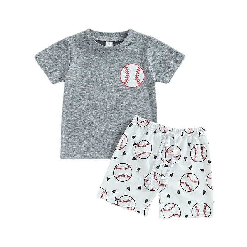 Boys' Children Baseball Printed Short-sleeved T-shirt And Shorts Two-piece Set