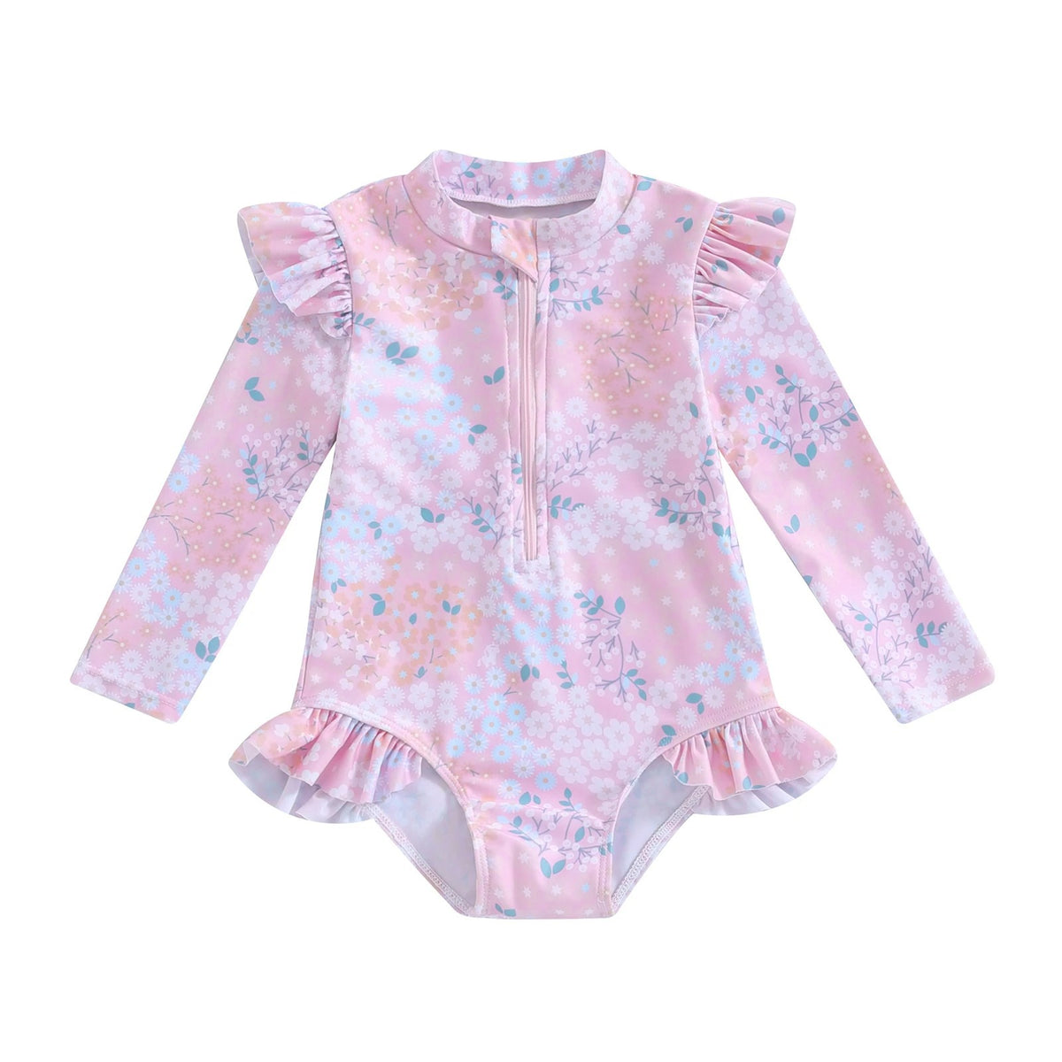 Baby 9M-5Y Toddler Infant Kid Girl Swimsuit Ruffle Floral Print Long Sleeves Zipper Swimwear Beachwear Bathing Suit