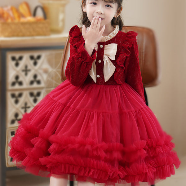 Foreign Style Winter  Red Velvet Princess Dress