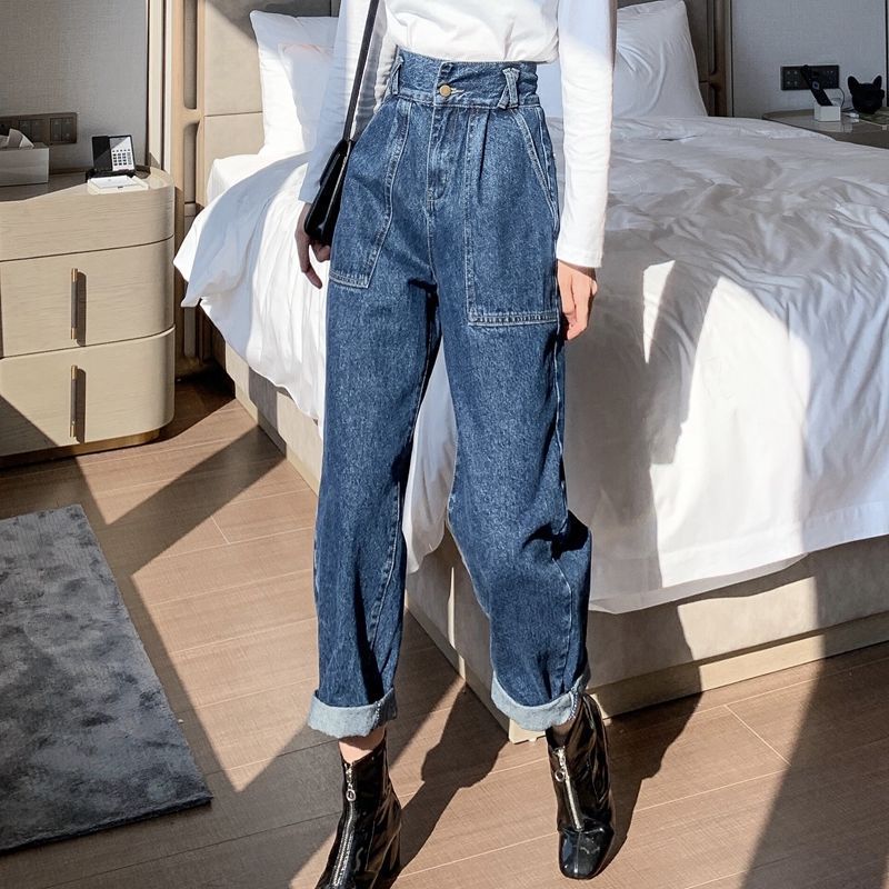 High Waist Denim Straight Wide Leg Pants Women Retro