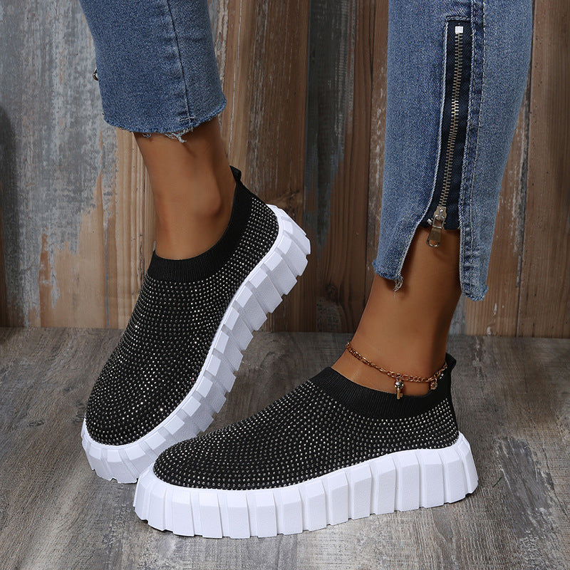 Rhinestone Knit Shoes Breathable Fashion Casual Walking Flats