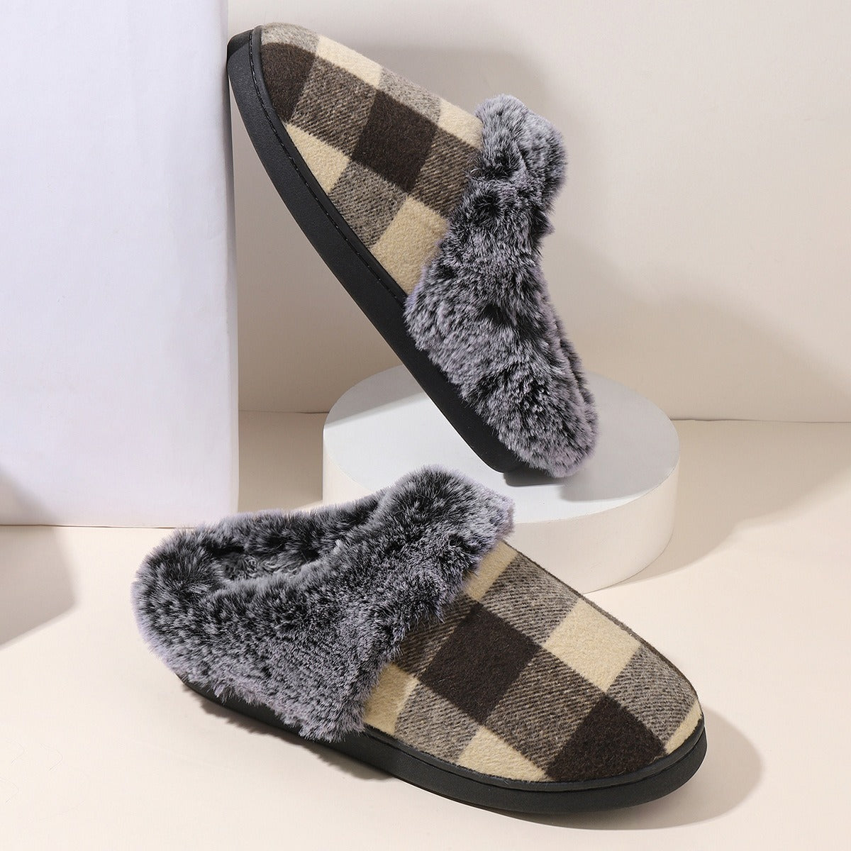 Plaid Fluffy Slippers Fashion Comfortable And Non-slip Cotton Slippers