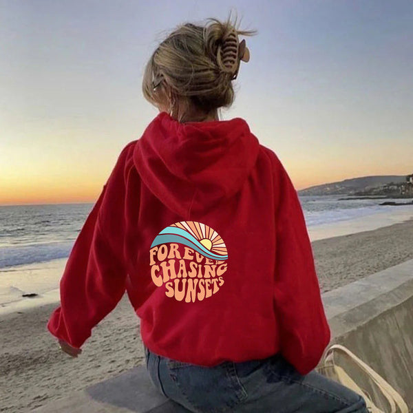 Fleece-lined Sunset Print Kangaroo Pocket Drawstring Hoodie