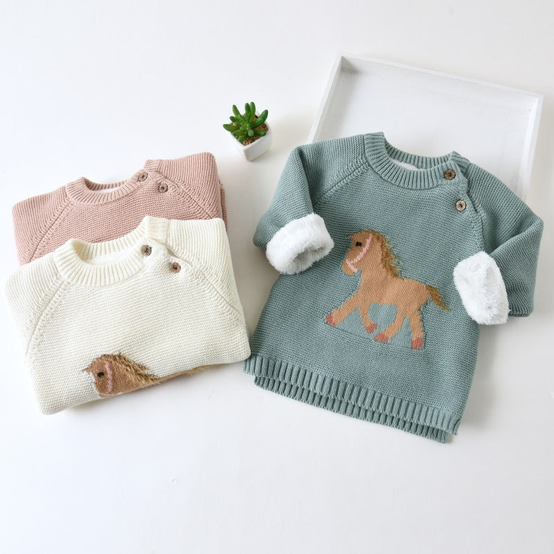 Girl's Baby Fleece-lined Thickened Pullover Sweater Fashionable Children's Clothing