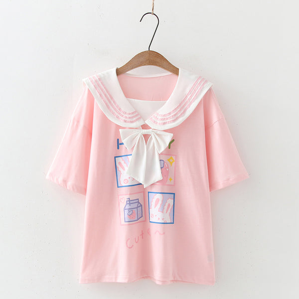 Soft Sister Childlike Cute Rabbit Print Bow Tie Navy Collar Loose Short-sleeved T-shirt Student Shirt Female Summer