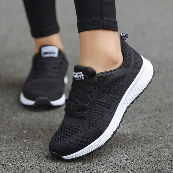 Black White Sneakers Women Lace Up Running Walking Shoes