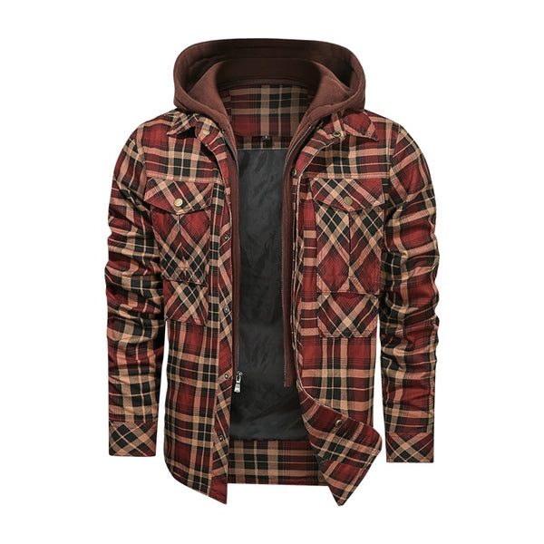 Men Long-sleeved Plaid Jacket Regular Fit Fleece Detachable Hoodies Jackets