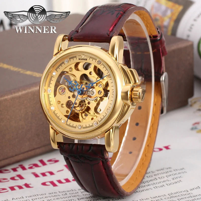 Women's automatic mechanical Wrist watch Transparent hollow design Red wine leather strap Wrist Watch Water resistant