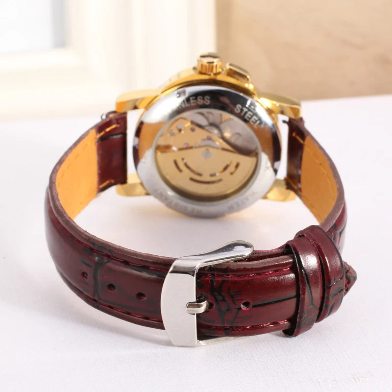 Women's automatic mechanical Wrist watch Transparent hollow design Red wine leather strap Wrist Watch Water resistant