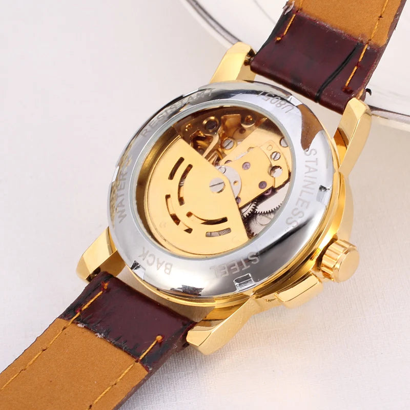 Women's automatic mechanical Wrist watch Transparent hollow design Red wine leather strap Wrist Watch Water resistant